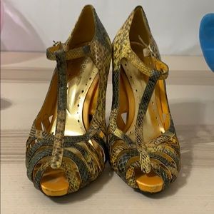 BCBGirls Yellow and Olive Snake Print Heels